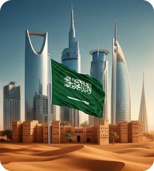 Saudi flag against a modern city skyline